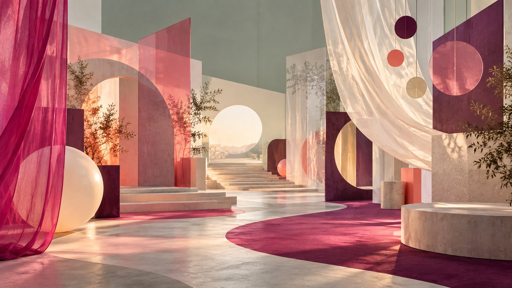 Abstract scenographic installation with translucent panels, fabric and coloured light
